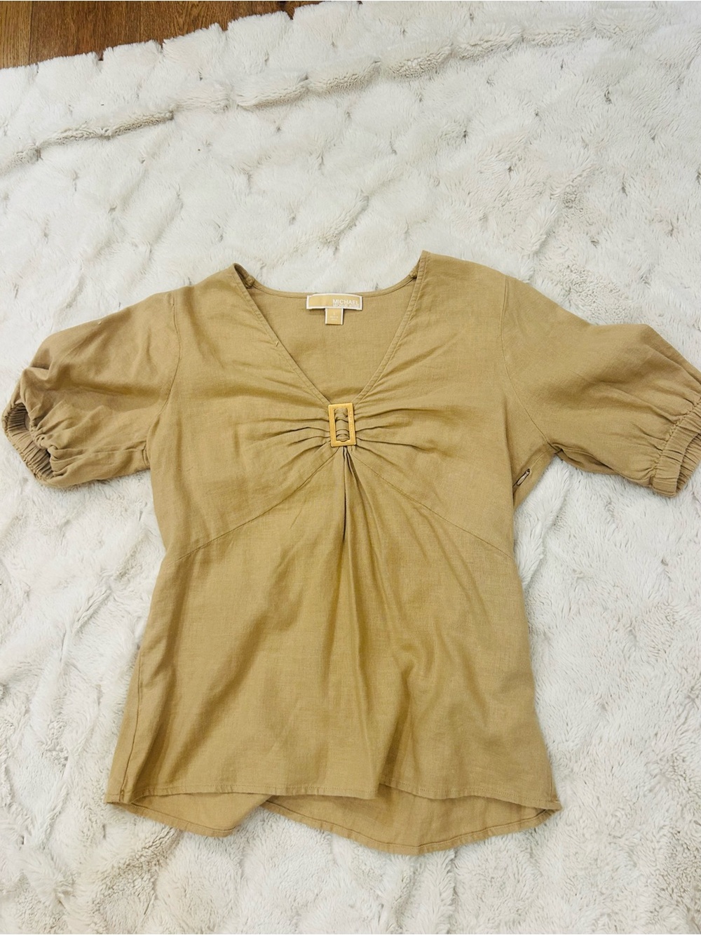 Michael Kors Tan Short-Sleeve V-Neck Top with Front Buckle